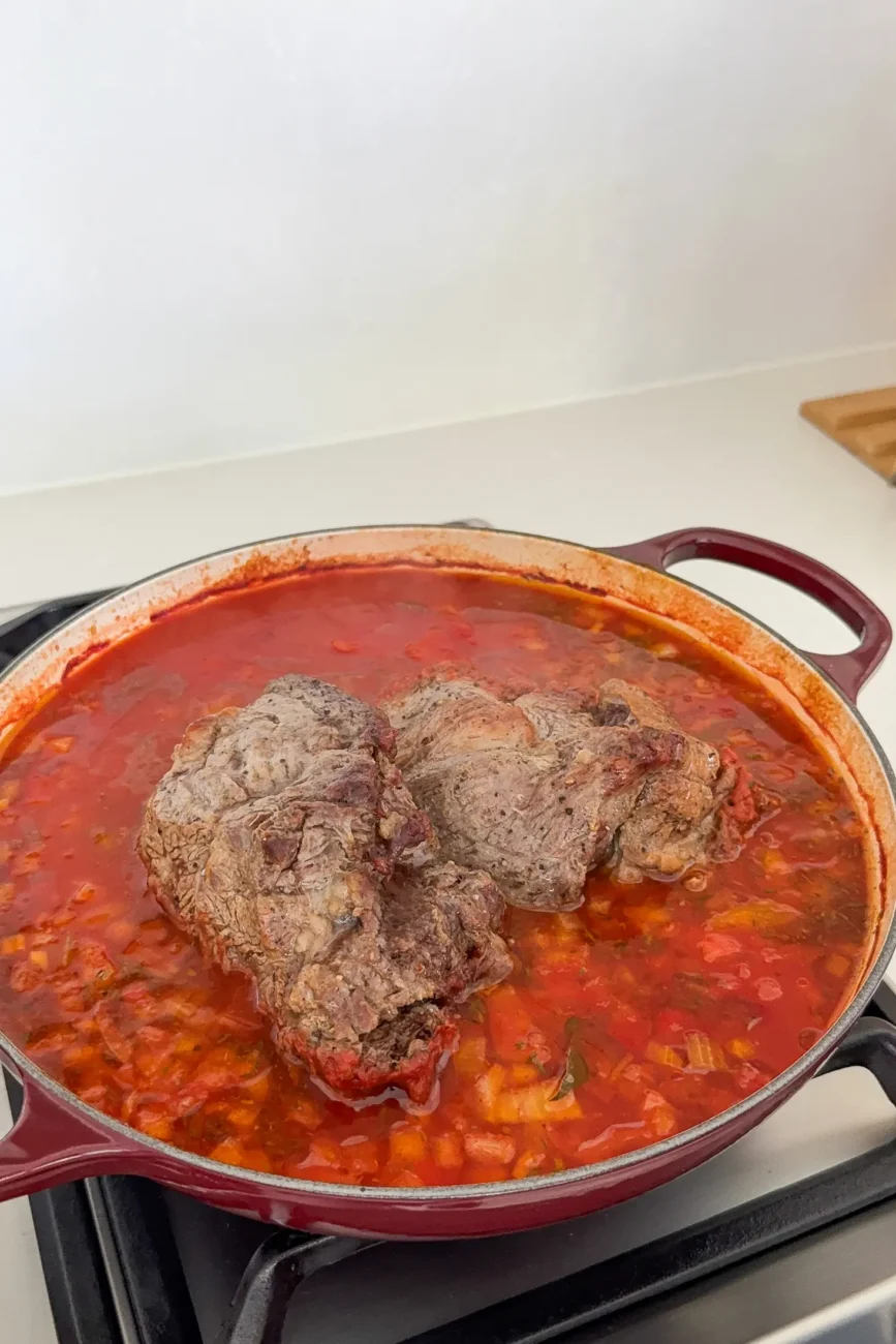 slow cooked beef halfway through cooking