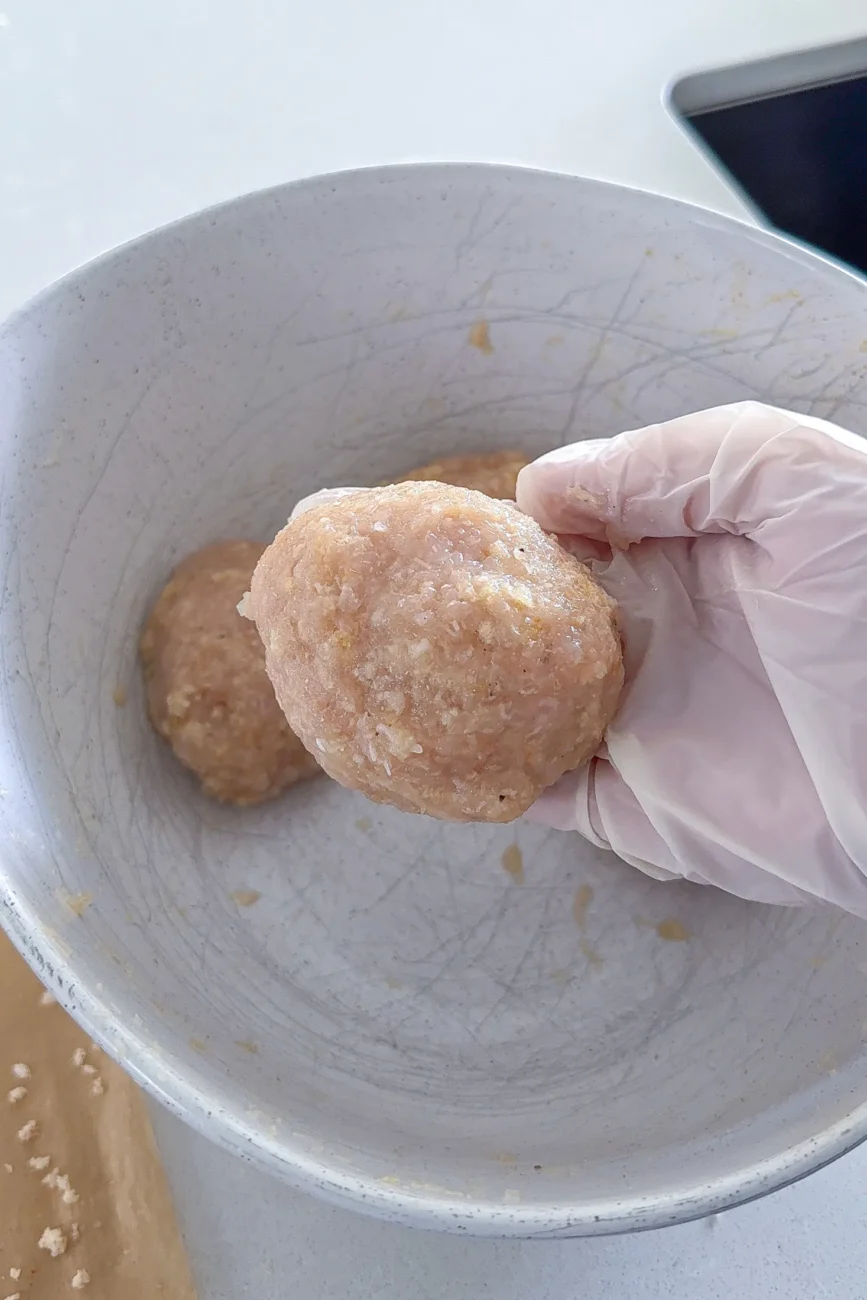 DividinChicken burger mixture divided into five portionsg the mixture before shaping makes it much easier to get five evenly sized patties that cook at the same rate.