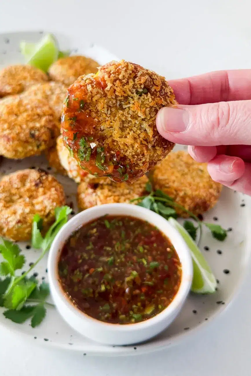 Fish cake being dipped into sweet chilli lime sauce