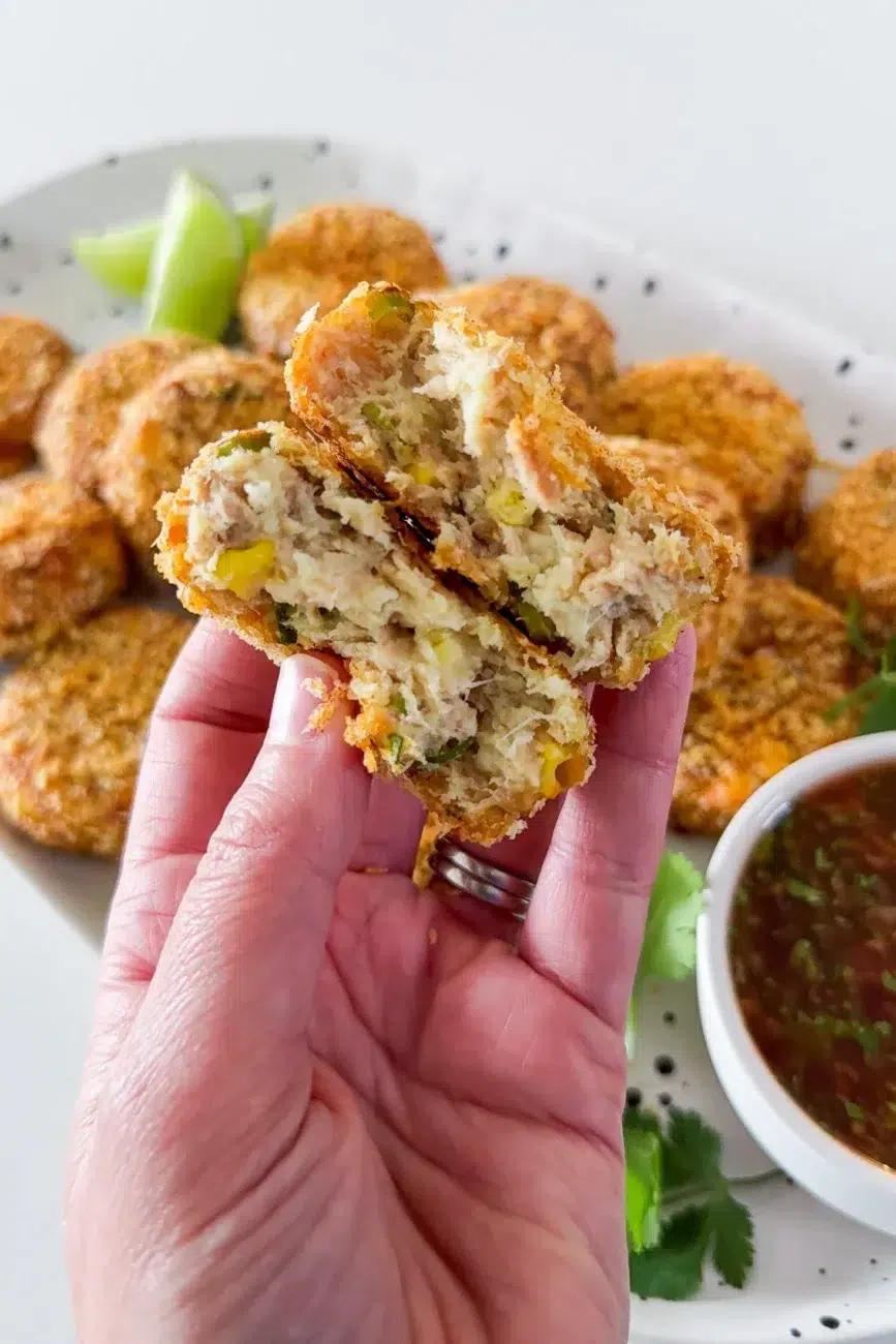 Fish cakes cut in half to reveal filling