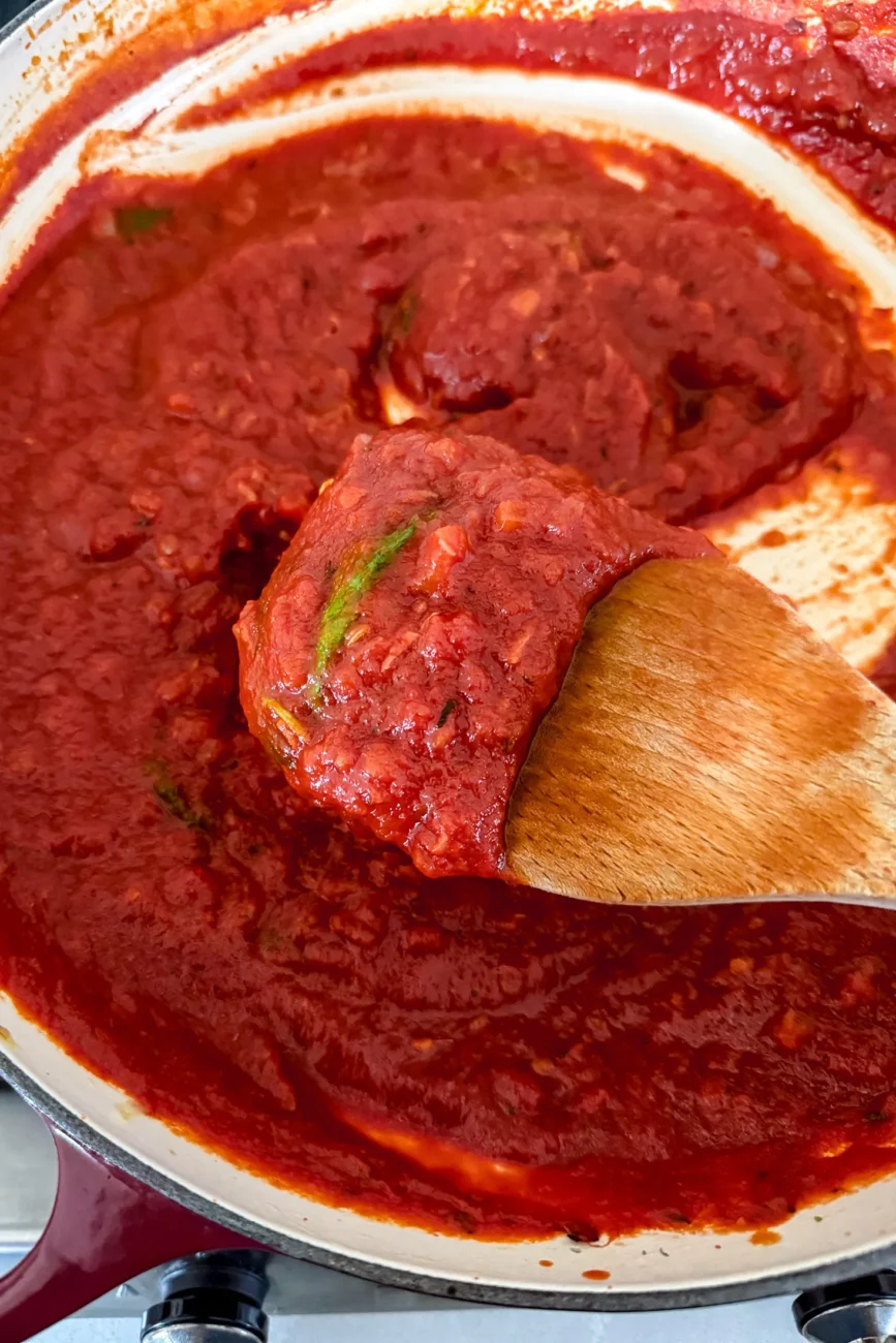 Homemade tomato and basil sauce finished and slightly thickened