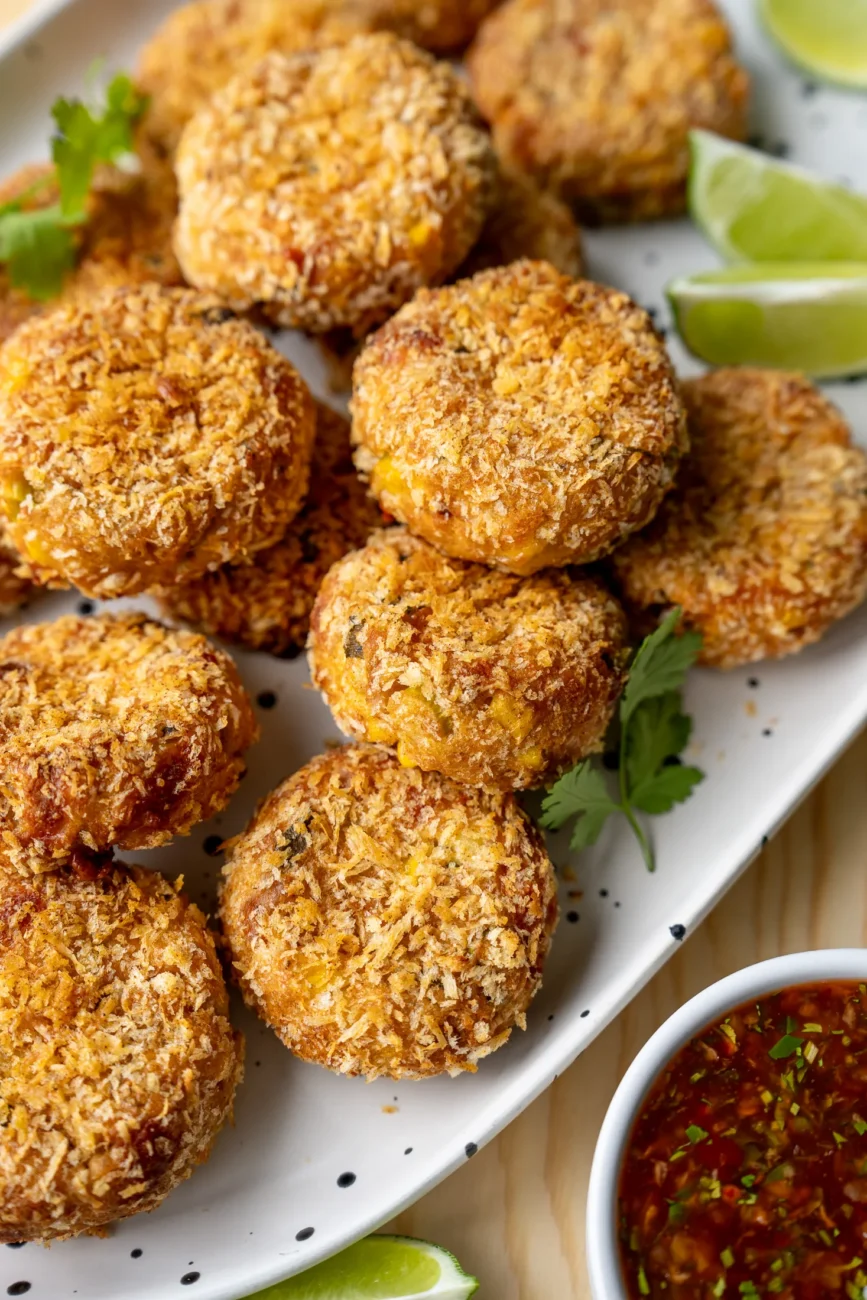 Platter of fish cakes with sweet chilli dipping sauce