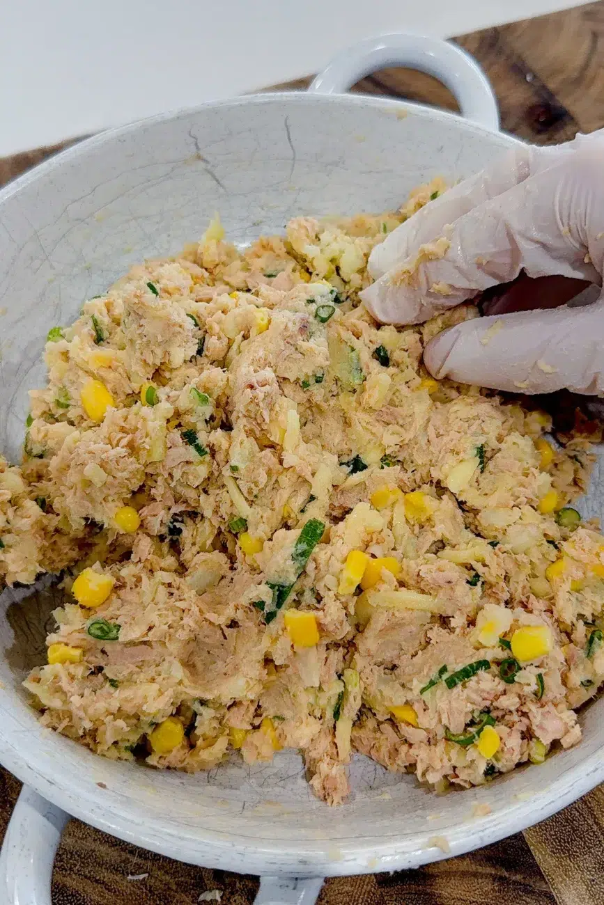 Tuna fish cake ingredients mixed and ready to be shaped