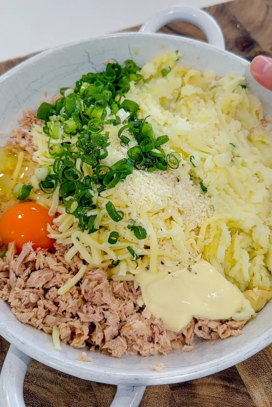 Tuna fish cake ingredients ready to be mixed together